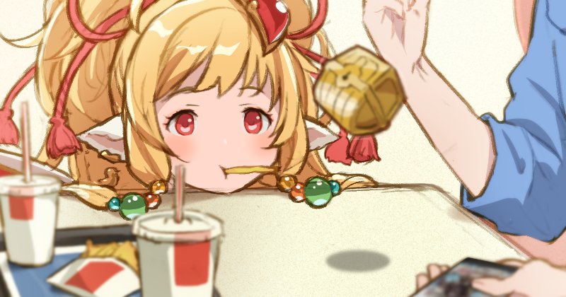 animal_ears blonde_hair blush cellphone chest clenched_hand drink eating food food_in_mouth french_fries granblue_fantasy hair_ornament hanosuke harvin mahira_(granblue_fantasy) peeking phone pointy_ears red_eyes simple_background white_background