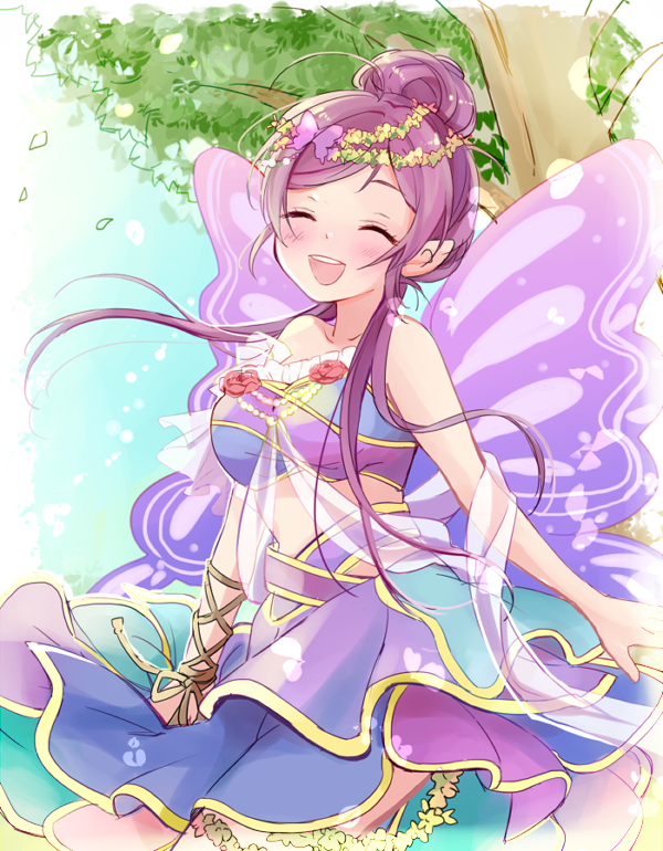 1girl :d arihara_(arhr0) blush breasts butterfly_wings closed_eyes fairy hair_bun hair_ribbon happy large_breasts long_hair love_live! love_live!_school_idol_project open_mouth pointy_ears purple_hair ribbon shawl skirt smile solo toujou_nozomi tree twintails wings