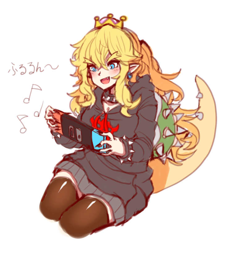 1girl alternate_costume black_legwear black_nails blonde_hair blue_eyes blush bowsette bracelet collar eyebrows fang fingernails full_body hair_between_eyes happy hood hoodie jewelry long_hair long_ponytail long_sleeves megato musical_note nail_polish new_super_mario_bros._u_deluxe nintendo nintendo_switch open_mouth playing_games pointy_ears sharp_fingernails sidelocks simple_background sitting sketch skirt smile solo spiked_bracelet spiked_collar spiked_shell spiked_tail spikes super_crown super_mario_bros. tail tail_raised thigh-highs translated wariza white_background