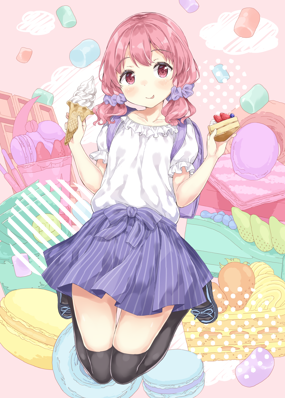 1girl :p backpack bag bangs black_footwear black_legwear blush bow cake closed_mouth collarbone eyebrows_visible_through_hair food gyuunyuu_nomio hair_ornament hair_scrunchie head_tilt highres holding holding_food ice_cream ice_cream_cone original pink_hair puffy_short_sleeves puffy_sleeves purple_bow purple_scrunchie purple_skirt randoseru red_eyes sandals scrunchie shirt short_sleeves skirt slice_of_cake smile soft_serve solo striped striped_bow thigh-highs tongue tongue_out vertical-striped_skirt vertical_stripes white_shirt