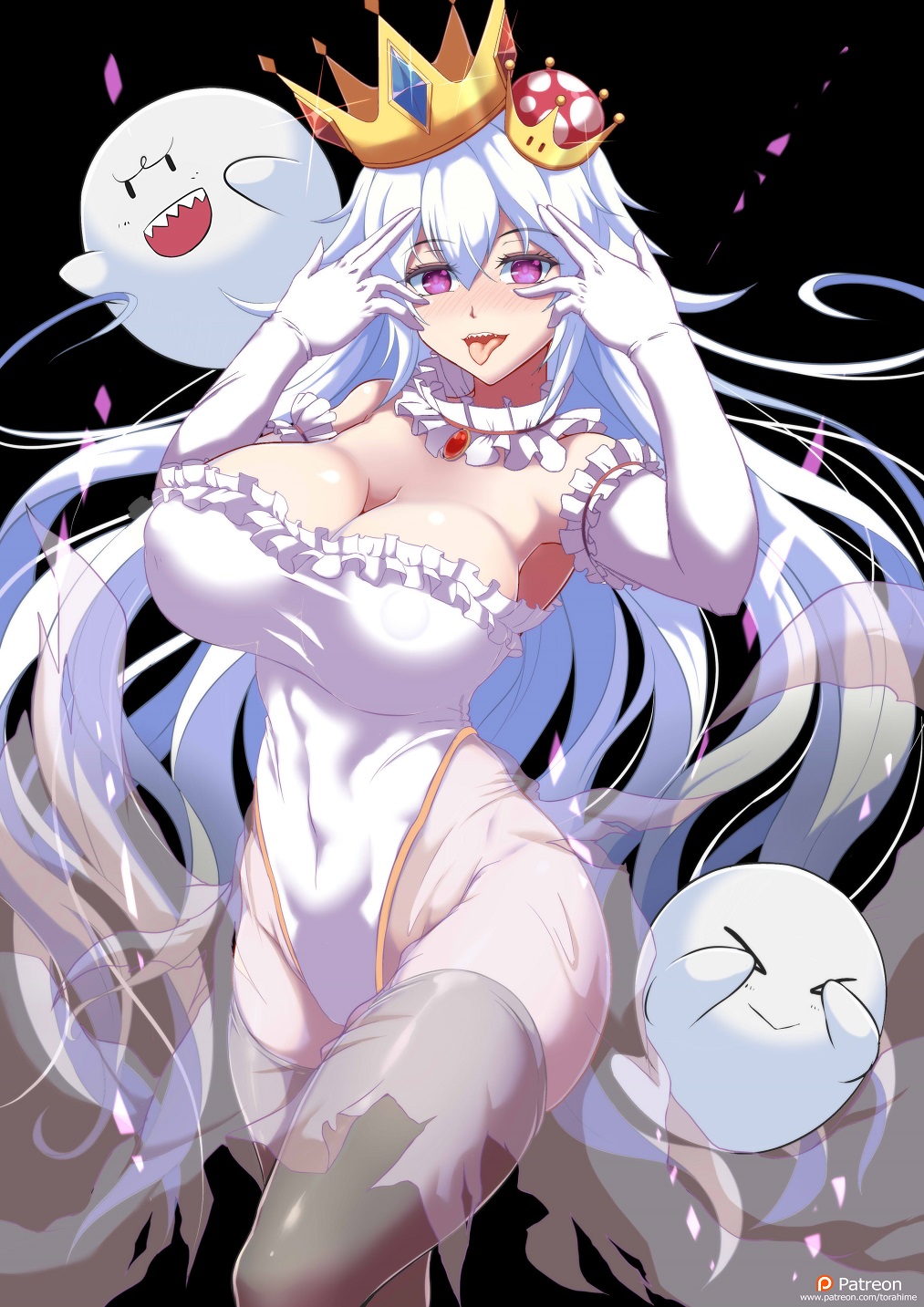 &gt;_&lt; 1girl bare_shoulders black_background blush boo breasts choker cleavage confetti covered_navel covering_eyes crown dress elbow_gloves erect_nipples frilled_choker frilled_gloves frills gem gloves hair_between_eyes highleg highleg_leotard highres huge_breasts leotard long_hair luigi's_mansion super_mario_bros. mini_crown new_super_mario_bros._u_deluxe nintendo nose_blush open_mouth princess_king_boo see-through sharp_teeth skirt strapless strapless_leotard super_crown teeth thigh-highs tongue tongue_out torahime_(roland00) very_long_hair violet_eyes white_dress white_gloves white_hair white_leotard