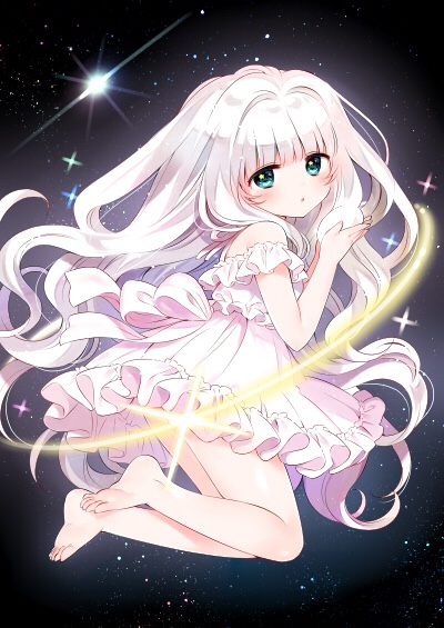 +_+ 1girl blue_eyes dress egg hanabana_tsubomi no_panties silver_hair space sparkle star white_dress