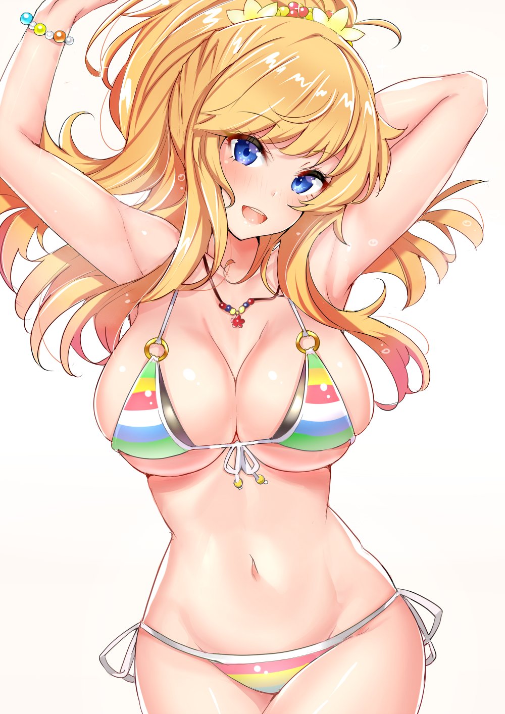 1girl arm_behind_head armpits arms_up bangs bare_shoulders bead_bracelet beads bikini blonde_hair blue_eyes blush bracelet breasts cleavage collarbone flower front-tie_top hair_flower hair_ornament highres hips idolmaster idolmaster_cinderella_girls jewelry large_breasts long_hair looking_at_viewer navel necklace o-ring o-ring_bikini ootsuki_yui open_mouth ponytail sankakusui shiny shiny_hair shiny_skin simple_background skindentation smile solo striped striped_bikini swept_bangs swimsuit waist wavy_hair white_background