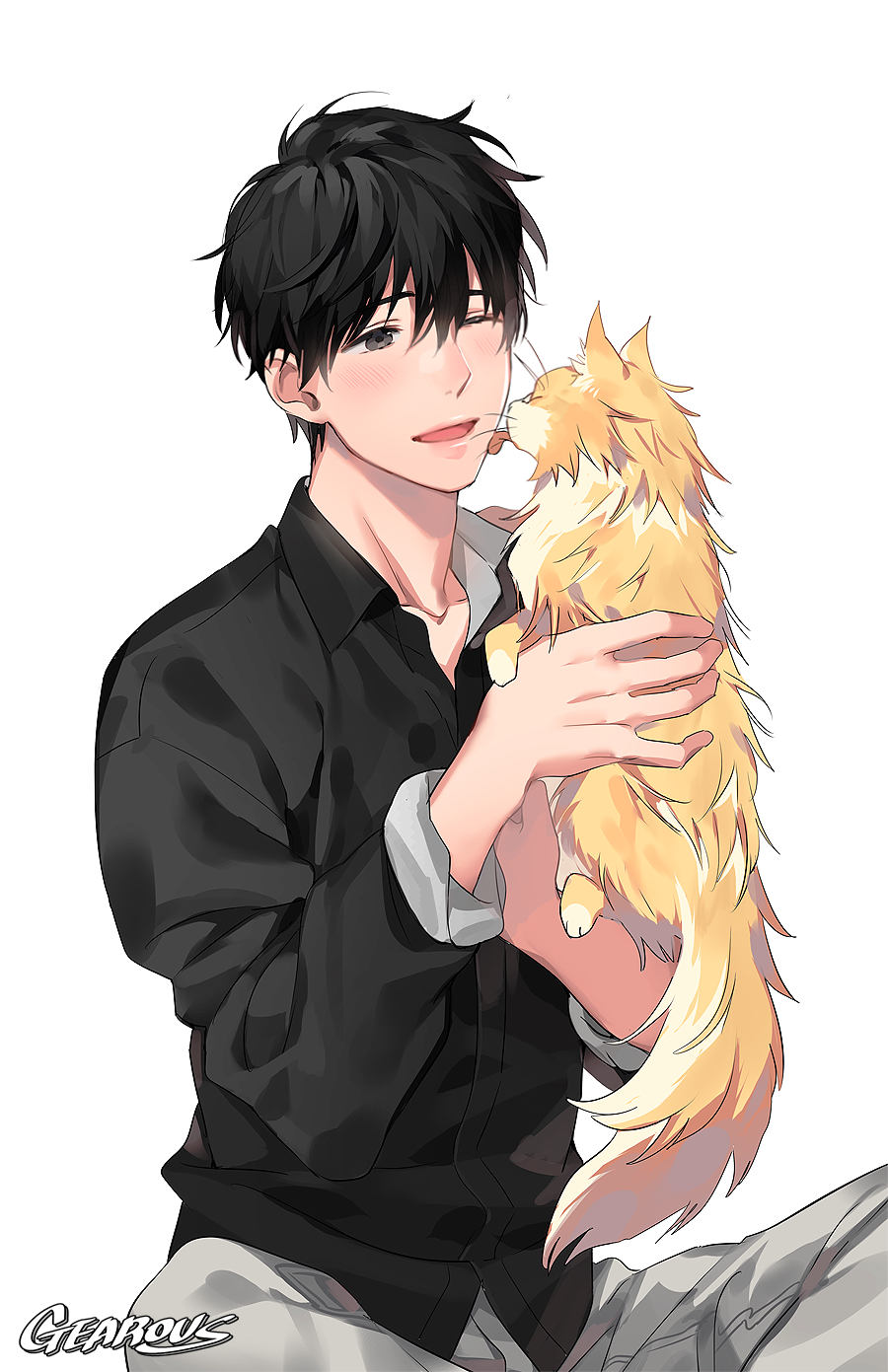 1boy artist_name banana_fish black_hair cat collared_shirt face_licking gearous grey_eyes highres licking male_focus okumura_eiji one_eye_closed open_mouth shirt smile tongue tongue_out