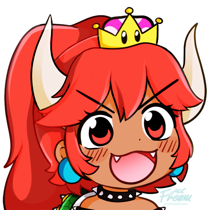 &gt;:d 1girl blush bowsette collar commentary dark_skin earrings eyelashes fangs fream gyate_gyate horns jewelry long_hair super_mario_bros. meme new_super_mario_bros._u_deluxe nintendo open_mouth ponytail red_eyes redhead simple_background solo spiked_armlet spiked_collar spikes super_crown transparent_background turtle_shell watermark