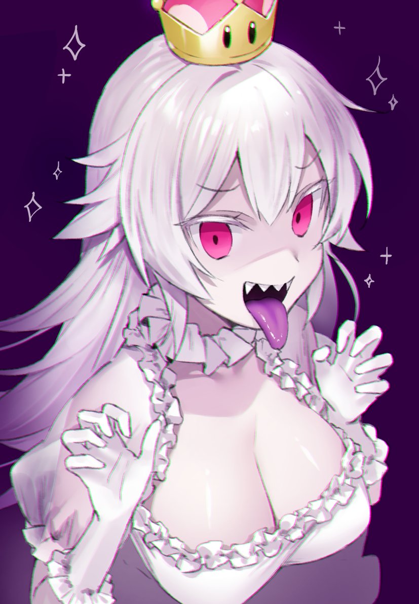 1girl breasts cleavage crown dress frilled_dress frills gloves large_breasts long_hair looking_at_viewer luigi's_mansion mini_crown open_mouth pink_eyes princess_king_boo sharp_teeth solo super_crown teeth tokki tongue tongue_out upper_body white_dress white_gloves white_hair