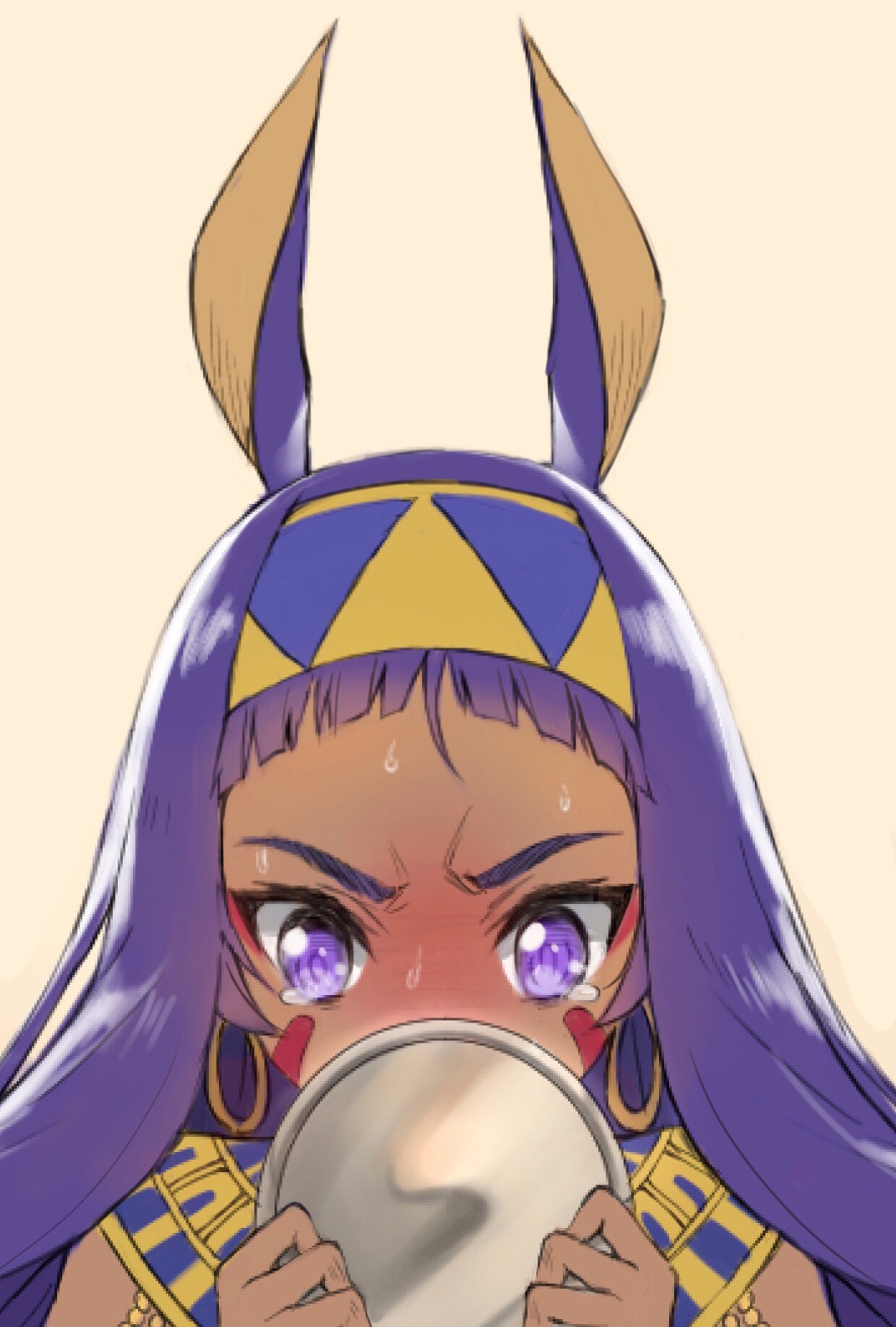 1girl alternate_hairstyle animal_ears bangs blunt_bangs blush commentary earrings embarrassed english_commentary facial_mark fate/grand_order fate_(series) forehead frown grey_background hairband highres holding hoop_earrings jackal_ears jewelry long_hair mirror nitocris_(fate/grand_order) nose_blush purple_hair simple_background solo sweat sweating_profusely tearing_up tears tonee violet_eyes