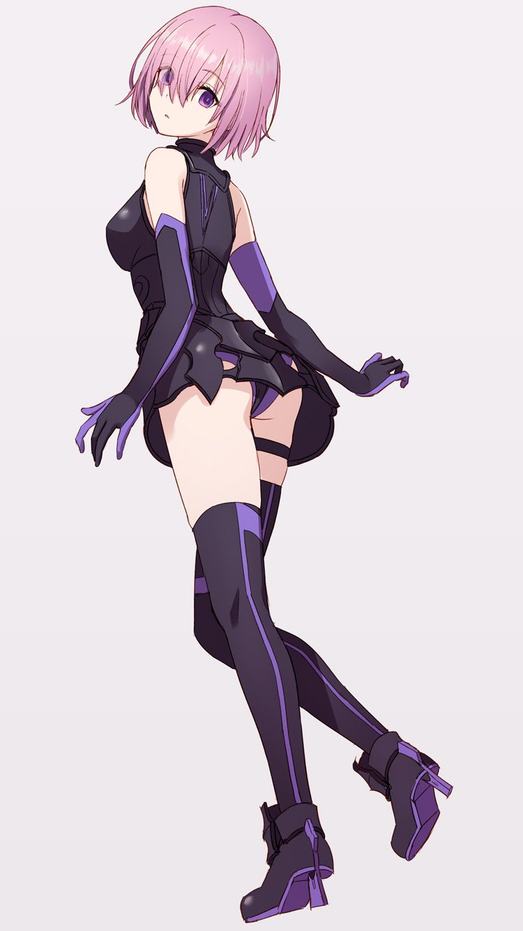 1girl ass black_gloves black_legwear breasts closed_mouth elbow_gloves eyes_visible_through_hair fate/grand_order fate_(series) from_behind full_body gloves hair_over_one_eye high_heels highres hyuuga_azuri looking_at_viewer mash_kyrielight medium_breasts multicolored multicolored_clothes multicolored_gloves multicolored_legwear purple_gloves purple_hair purple_legwear short_hair solo thigh-highs violet_eyes