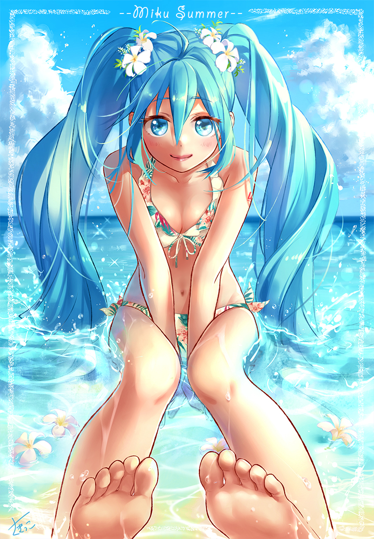 1girl bare_arms bare_legs bare_shoulders barefoot beach between_legs bikini blue_eyes blue_hair blue_sky blush breasts character_name clouds cloudy_sky day english eyebrows_visible_through_hair eyelashes fingernails floating floral_print flower flower_on_water full_body hair_flower hair_ornament hand_between_legs happy hatsune_miku long_hair looking_at_viewer navel ocean outdoors partially_submerged plumeria sakikko sand see-through shaded_face sitting sitting_on_water sky smile solo sparkle summer swimsuit twintails very_long_hair vocaloid water_drop wet wet_hair white_flower