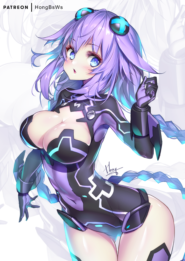 1girl artist_name bangs black_bodysuit blush bodysuit braid breasts choujigen_game_neptune cleavage commentary_request covered_navel eyebrows_visible_through_hair hair_between_eyes hair_ornament hand_up hong_(white_spider) large_breasts leaning_forward long_hair looking_at_viewer low_twintails neptune_(series) parted_lips power_symbol purple_hair purple_heart signature simple_background solo symbol-shaped_pupils twin_braids twintails very_long_hair white_background zoom_layer