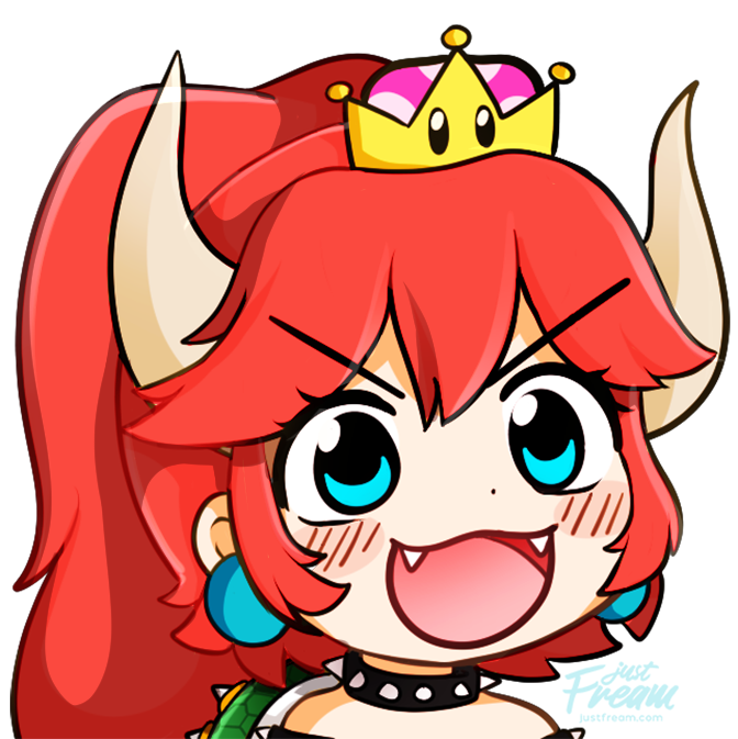 &gt;:d 1girl blue_eyes blush bowsette collar commentary earrings eyelashes fangs fream gyate_gyate horns jewelry long_hair super_mario_bros. meme new_super_mario_bros._u_deluxe nintendo open_mouth ponytail redhead simple_background solo spiked_armlet spiked_collar spikes super_crown transparent_background turtle_shell watermark