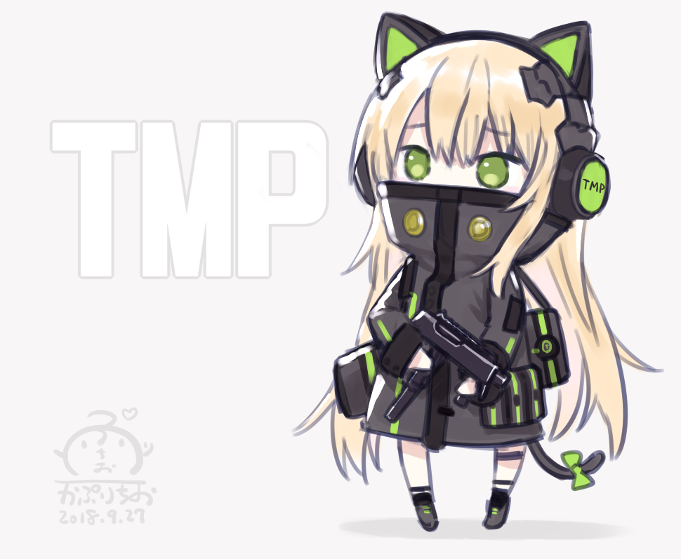 1girl animal_ears artist_name bangs black_footwear black_jacket blonde_hair bow capriccio cat_ear_headphones cat_ears cat_tail character_name chibi commentary covered_mouth dated fake_animal_ears girls_frontline green_bow green_eyes grey_background gun hair_between_eyes headphones holding holding_gun holding_weapon jacket long_hair object_namesake signature solo standing steyr_tmp submachine_gun tail tail_bow tmp_(girls_frontline) very_long_hair weapon