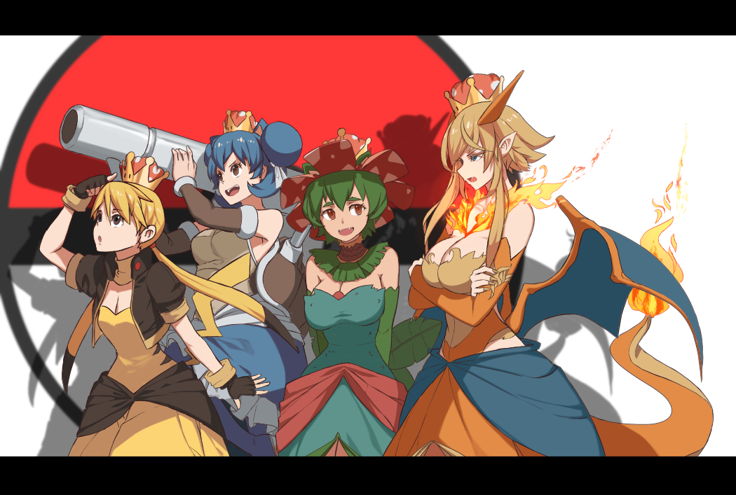 4girls :d :o arm_up arms_up bangs bare_shoulders black_gloves black_hair blastoise blonde_hair blue_dress blue_eyes blue_hair blue_skirt blue_wings breasts brown_eyes brown_shirt cannon charizard cleavage commentary creatures_(company) crossed_arms crown detached_sleeves dishwasher1910 double_bun dragon_girl dragon_horns dragon_tail dress english_commentary eyebrows_visible_through_hair fangs fingerless_gloves fire game_freak gen_1_pokemon gloves green_hair hair_between_eyes holding horns large_breasts letterboxed light_brown_hair long_hair long_sleeves low_twintails low_wings super_mario_bros. medium_breasts mini_crown multicolored_hair multiple_girls new_super_mario_bros._u_deluxe nintendo open_mouth orange_dress parted_lips personification pikachu pikachu_tail poke_ball_symbol pokemon red_eyes shirt short_hair_with_long_locks side_bun sidelocks skirt sleeveless sleeveless_shirt small_breasts smile strapless strapless_dress super_crown tail tail-tip_fire thick_eyebrows twintails two-tone_hair venusaur very_long_hair wings yellow_dress