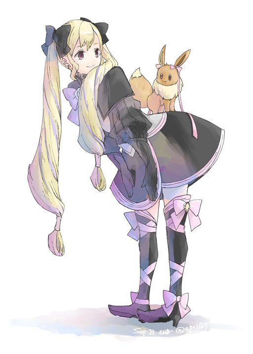 1girl black_bow black_gloves blonde_hair bow closed_mouth creatures_(company) dated dress eevee elise_(fire_emblem_if) fire_emblem fire_emblem_if full_body game_freak gen_1_pokemon gloves hair_bow high_heels long_hair looking_back multicolored_hair nintendo pink_bow pink_ribbon pokemon pokemon_(creature) purple_hair ribbon robaco simple_background smile twintails twitter_username violet_eyes white_background