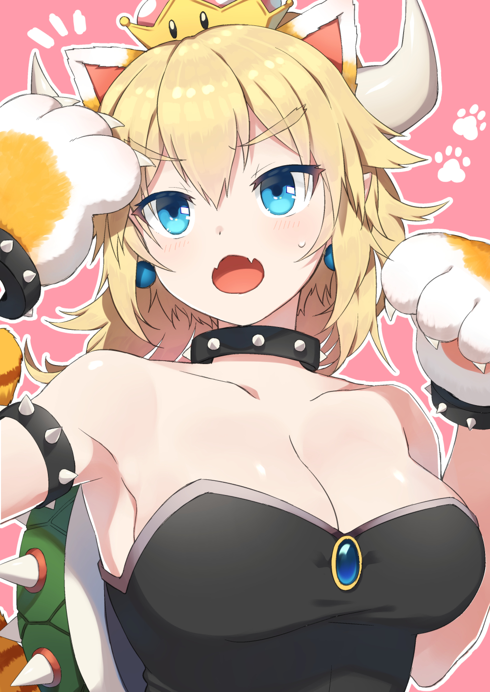 1girl :o animal_ears arm_up armlet armpits bangs bare_shoulders blonde_hair blue_eyes blush bowsette breasts cat_ears cat_tail claws cleavage collar collarbone colored_eyelashes commentary_request earrings eyebrows_visible_through_hair fangs gem gloves hair_between_eyes hand_up highres horns jewelry long_hair super_mario_bros. medium_breasts new_super_mario_bros._u_deluxe nintendo open_mouth otousan952 paw_background paw_gloves paws pink_background ponytail shiny shiny_hair spiked_armlet spiked_collar spiked_shell spikes strapless super_crown super_mario_3d_world tail thick_eyebrows turtle_shell upper_body