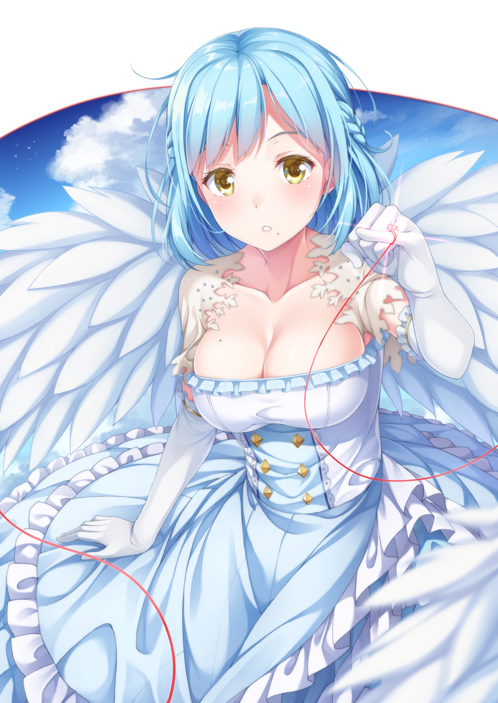 1girl blue_hair blue_skirt blue_sky blush breasts brown_eyes cleavage clouds cloudy_sky collarbone commentary_request day elbow_gloves feathered_wings frilled_gloves frilled_skirt frills gloves hand_up highres large_breasts layered_skirt looking_at_viewer moira_(nijisanji) mole mole_under_eye nijisanji parted_lips pinky_out red_string shirt skirt sky solo strapless string string_around_finger virtual_youtuber white_gloves white_shirt white_wings wings yuuri_nayuta