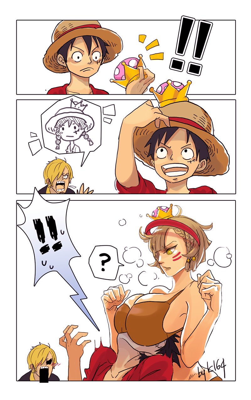 1girl 2boys ? black_hair blonde_hair breast_smother breasts brown_hair hair_over_one_eye hat highres k16416 super_mario_bros. monkey_d_luffy multiple_boys new_super_mario_bros._u_deluxe nintendo one_piece personification sanji scar straw_hat super_crown