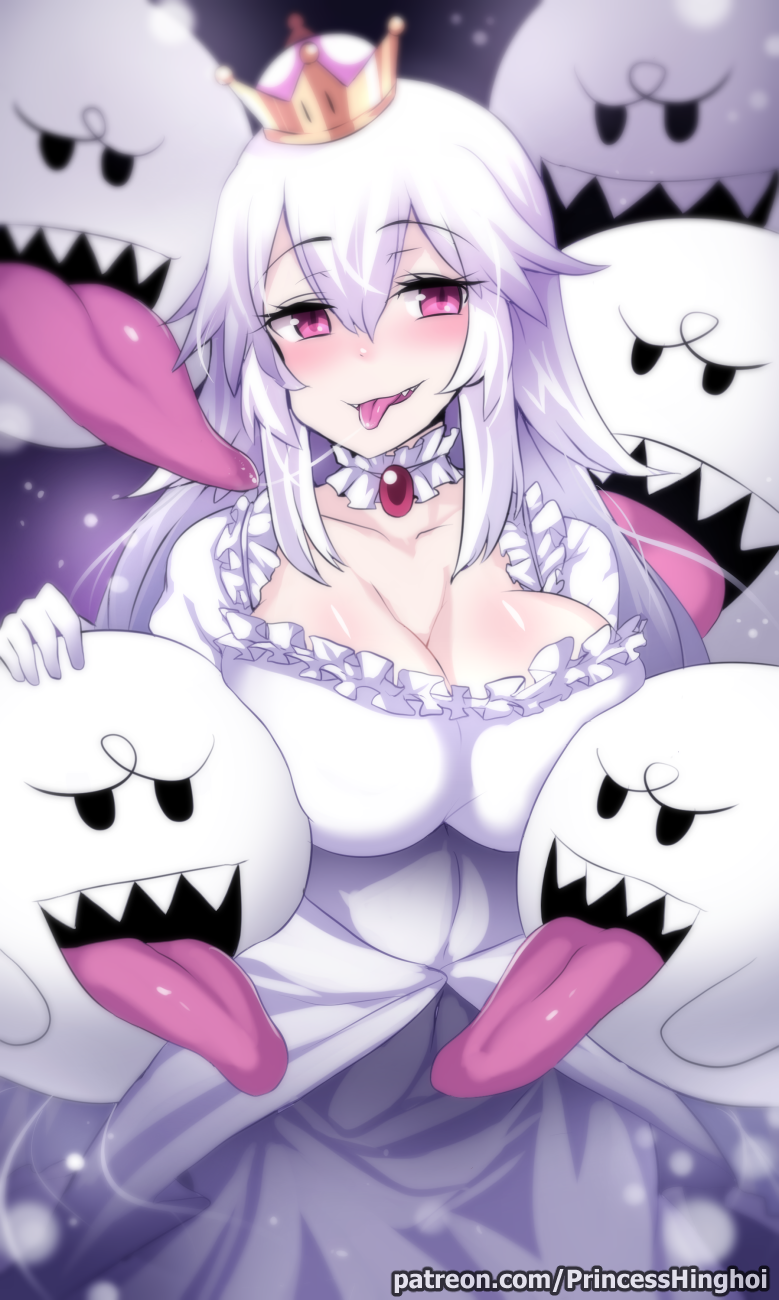 1girl blush boo breasts cleavage crown dress frilled_dress frills ghost gloves hair_between_eyes highres hinghoi large_breasts long_hair long_tongue looking_at_viewer luigi's_mansion super_mario_bros. mini_crown new_super_mario_bros._u_deluxe nintendo princess_king_boo red_eyes super_crown tongue tongue_out white_dress white_hair