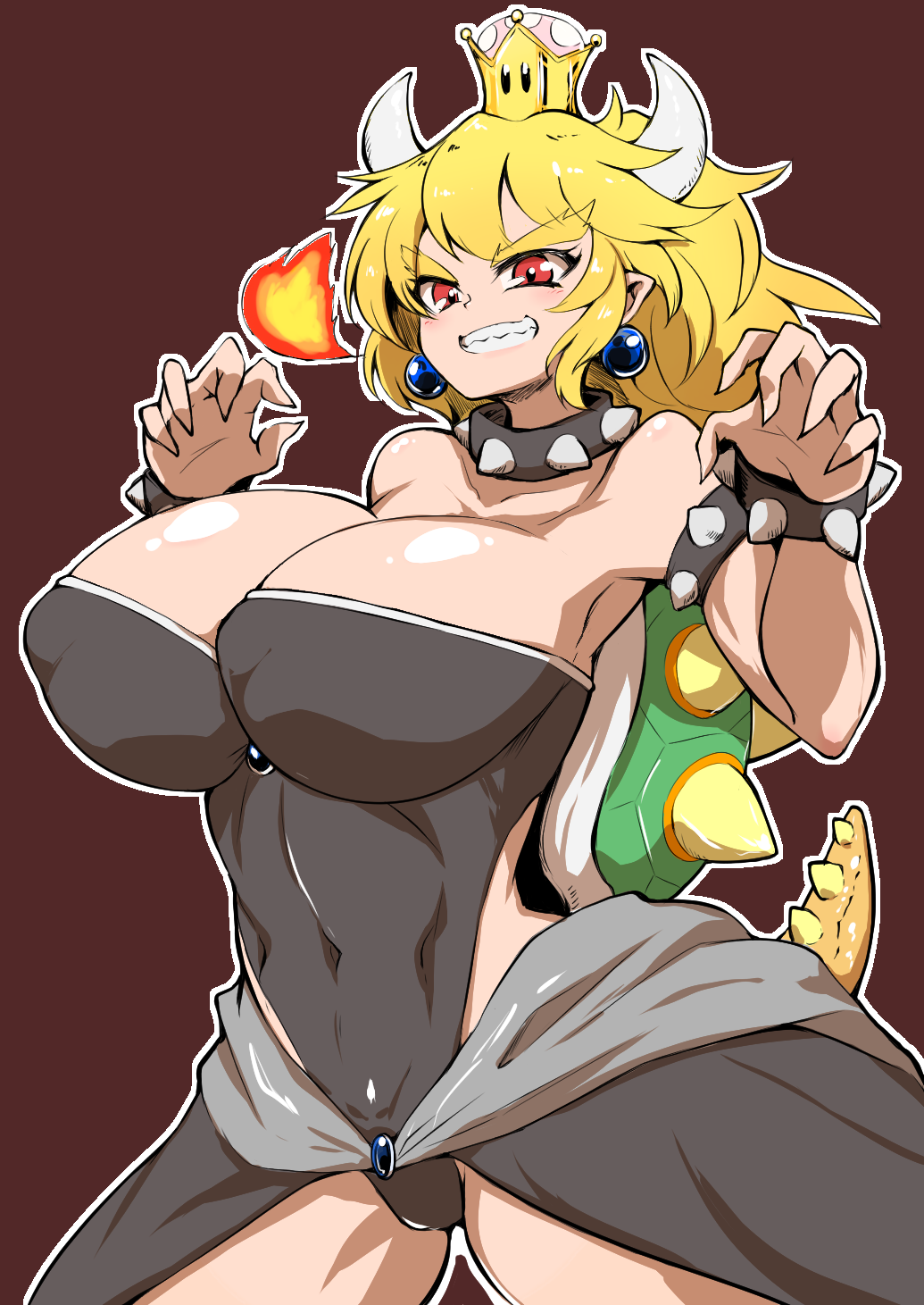 1girl bare_shoulders blonde_hair bowsette bracelet breasts brown_background cleavage clenched_teeth collar covered_navel crown earrings eyebrows eyebrows_visible_through_hair fire highres horns huge_breasts jewelry super_mario_bros. new_super_mario_bros._u_deluxe nintendo pandain pointy_ears red_eyes short_hair simple_background smile solo spiked_armlet spiked_bracelet spiked_collar spikes super_crown tail teeth v-shaped_eyebrows