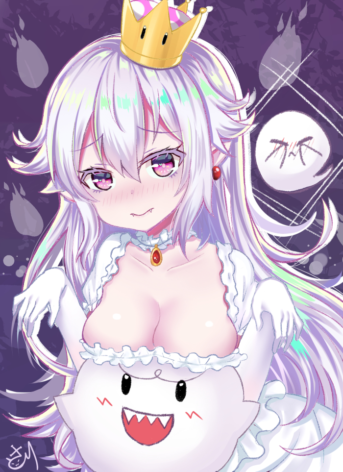 1girl bangs blush boo breasts brooch cleavage closed_mouth collarbone commentary_request crown detached_collar dress earrings eyebrows_visible_through_hair fangs_out frilled_dress frilled_sleeves frills ghost gloves hair_between_eyes hands_up jewelry large_breasts lips long_hair looking_at_viewer luigi's_mansion super_mario_bros. new_super_mario_bros._u_deluxe nintendo pointy_ears princess_king_boo puffy_short_sleeves puffy_sleeves satori_(ymoy) sharp_teeth short_sleeves silver_hair super_crown teeth upper_body violet_eyes white_dress white_gloves