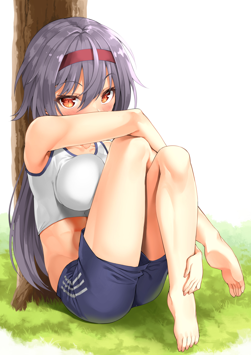 1girl abs blush covering_face embarrassed gym_uniform headband highres long_hair murata_taichi orange_eyes original purple_hair sitting solo tree