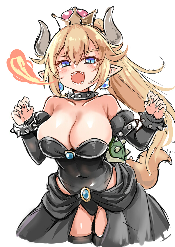 1girl :d armlet bare_shoulders black_legwear black_leotard black_nails blonde_hair blue_eyes bowsette bracelet breasts cleavage collar collarbone cowboy_shot crown detached_sleeves earrings fingernails fire gluteal_fold groin hands_up highleg highleg_leotard horns jewelry juliet_sleeves large_breasts leotard long_hair long_sleeves super_mario_bros. mini_crown nail_polish new_super_mario_bros._u_deluxe nintendo open_mouth pointy_ears ponytail puffy_sleeves sharp_teeth simple_background smile solo spiked_armlet spiked_bracelet spiked_collar spiked_shell spiked_tail spikes strapless strapless_leotard super_crown tail teeth thigh-highs turtle_shell unname v-shaped_eyebrows very_long_hair white_background