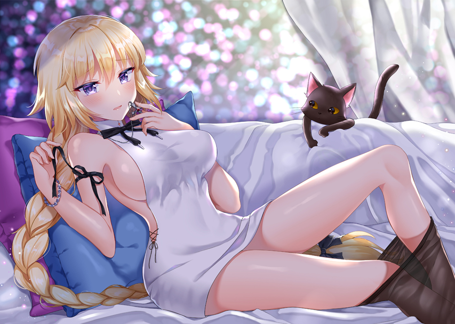 1girl arm_ribbon black_cat black_legwear black_ribbon blonde_hair blush bracelet braid breasts cat commentary_request cross cross_necklace curtains dress fate/grand_order fate_(series) hair_ribbon holding_cross holding_necklace jeanne_d'arc_(fate) jeanne_d'arc_(fate)_(all) jewelry large_breasts long_braid long_hair looking_at_viewer naomi_(fantasia) necklace pantyhose pantyhose_pull pillow ribbon short_dress sideboob single_braid sitting solo thighs untying very_long_hair violet_eyes white_dress