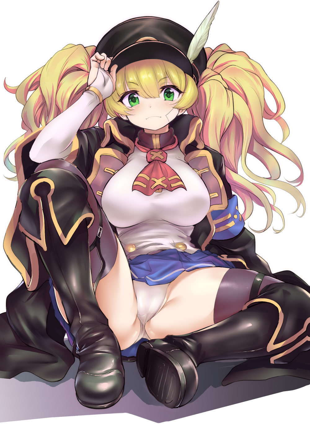 1girl arm_up armband bandaid bandaid_on_face bangs black_coat black_footwear black_hat blonde_hair blue_skirt blush boots breasts bridal_gauntlets brown_legwear closed_mouth coat collared_coat eyebrows_visible_through_hair granblue_fantasy green_eyes hair_between_eyes hand_on_headwear hat hat_feather head_tilt highres knee_boots kztk large_breasts long_hair long_sleeves looking_at_viewer monica_weisswind open_clothes open_coat panties peaked_cap pleated_skirt red_neckwear shiny shiny_hair shirt sidelocks simple_background sitting skirt solo spread_legs thigh-highs twintails underwear white_background white_panties white_shirt wide_sleeves wing_collar