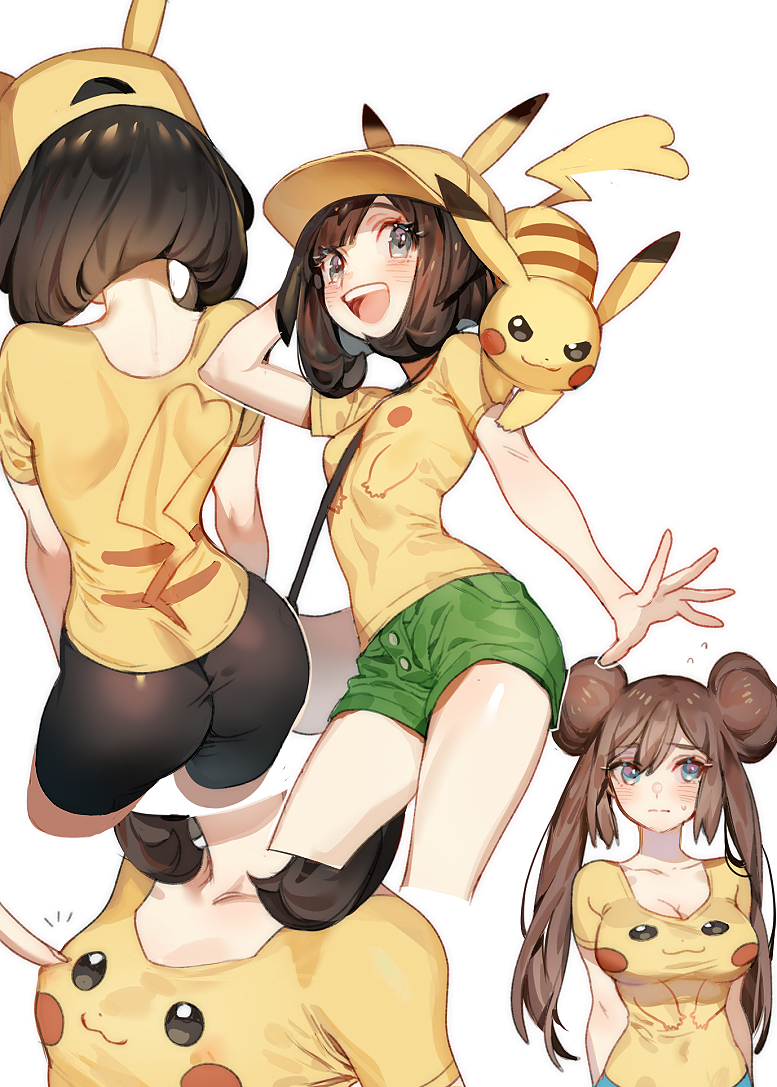 2girls :d :| alternate_costume animal animal_on_shoulder arm_up arms_behind_back ass bag bike_shorts black_shorts blue_eyes blush breasts brown_hair cleavage closed_mouth creatures_(company) double_bun game_freak gen_1_pokemon green_shorts grey_eyes handbag hat long_hair looking_at_viewer mei_(pokemon) mizuki_(pokemon) multiple_girls multiple_views nintendo nipples open_mouth pikachu pikachu_print pokemon pokemon_(creature) pokemon_(game) pokemon_bw2 pokemon_sm shirt short_hair short_shorts shorts small_breasts smile standing sweatdrop t-shirt tight_shirt yellow_hat yellow_shirt zuizi