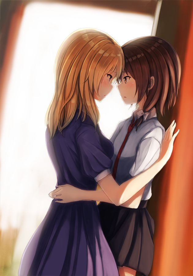 2girls arm_around_waist bangs black_skirt blurry blurry_background blush bow breasts brown_eyes brown_hair collared_shirt cowboy_shot dress eye_contact eyebrows_visible_through_hair from_side fumei_(mugendai) hair_bow long_hair looking_at_another maribel_hearn medium_breasts medium_skirt multiple_girls necktie parted_lips profile purple_dress red_neckwear shirt short_hair skirt sweater_vest touhou usami_renko violet_eyes wall_slam white_bow white_shirt wing_collar yuri