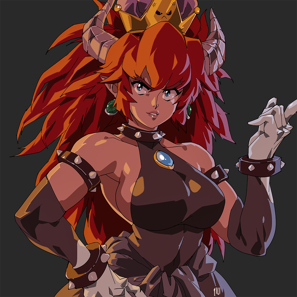 1girl anger_vein angryangryd armpits bare_shoulders black_dress blue_eyes bowsette bracelet breasts collar collarbone commentary covered_navel dress earrings elbow_gloves english_commentary expressive_clothes eyebrows_visible_through_hair fang gloves hand_on_hip horns jewelry large_breasts lips long_hair super_mario_bros. new_super_mario_bros._u_deluxe nintendo parted_lips pointing pointy_ears redhead sideboob sleeveless sleeveless_dress solo spiked_armlet spiked_bracelet spiked_collar spiked_knuckles spikes super_crown thick_eyebrows toned upper_body