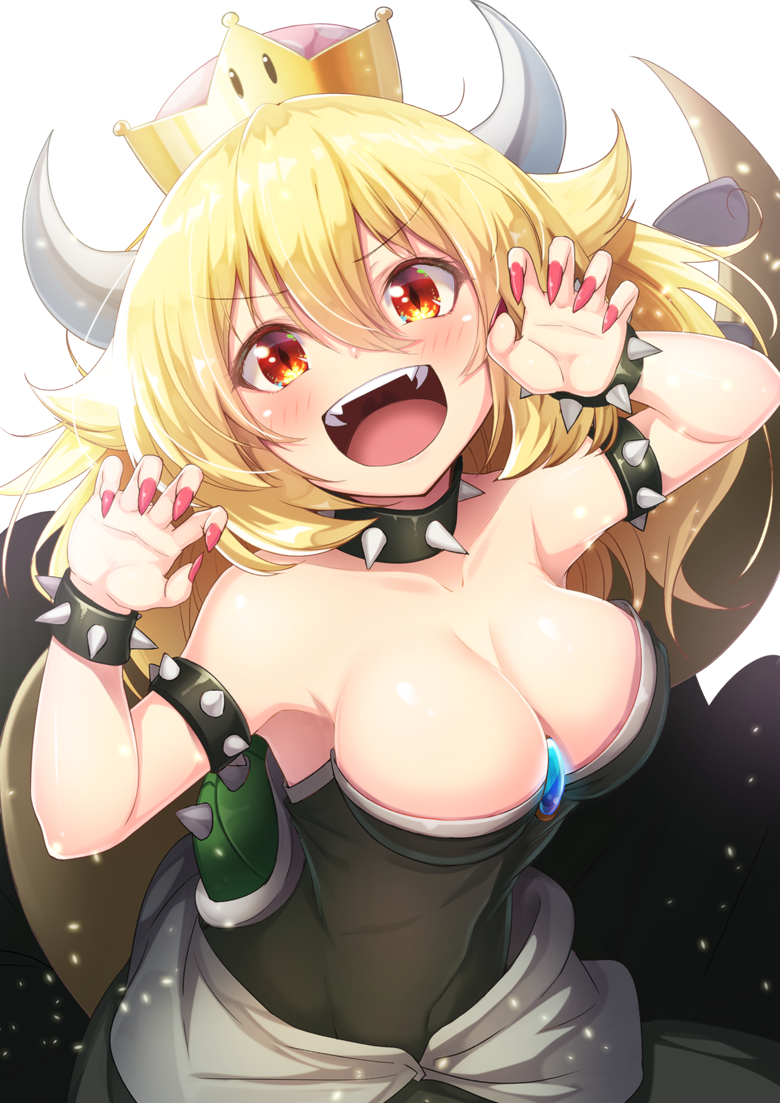1girl bare_shoulders black_dress blonde_hair blush bowsette bracelet breasts claw_pose cleavage collar collarbone covered_navel dress eyebrows_visible_through_hair fangs horns jewelry large_breasts looking_at_viewer super_mario_bros. matokechi new_super_mario_bros._u_deluxe nintendo open_mouth orange_eyes shell solo spiked_armlet spiked_bracelet spiked_collar spiked_tail spikes strapless strapless_dress super_crown upper_body v-shaped_eyebrows