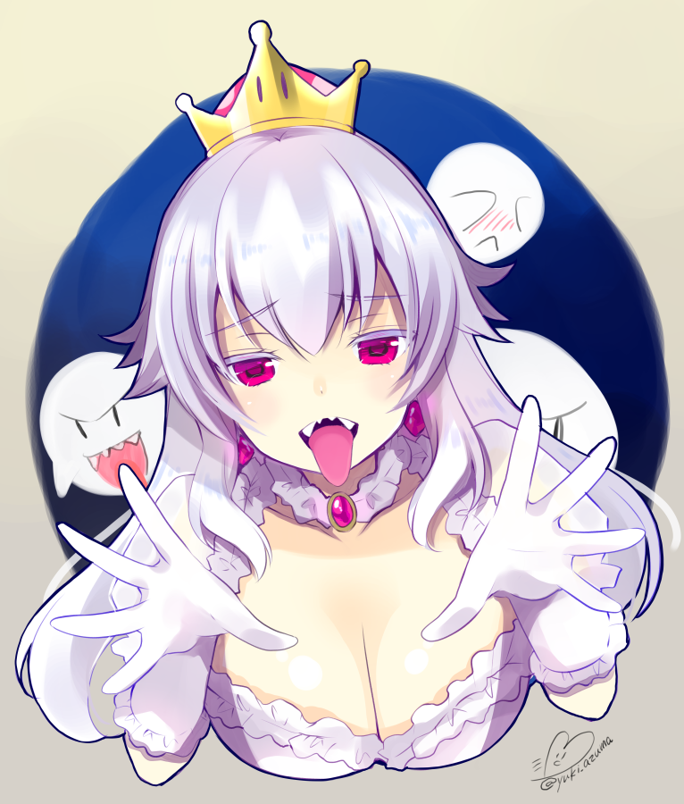 1girl azuma_yuki bangs blush boo breasts brooch cleavage commentary_request crown dress earrings eyebrows_visible_through_hair frilled_dress frilled_gloves frills ghost gloves hair_between_eyes jewelry large_breasts long_hair looking_at_viewer luigi's_mansion super_mario_bros. new_super_mario_bros._u_deluxe nintendo open_mouth princess_king_boo puffy_short_sleeves puffy_sleeves sharp_teeth short_sleeves super_crown teeth tongue tongue_out violet_eyes white_dress white_gloves