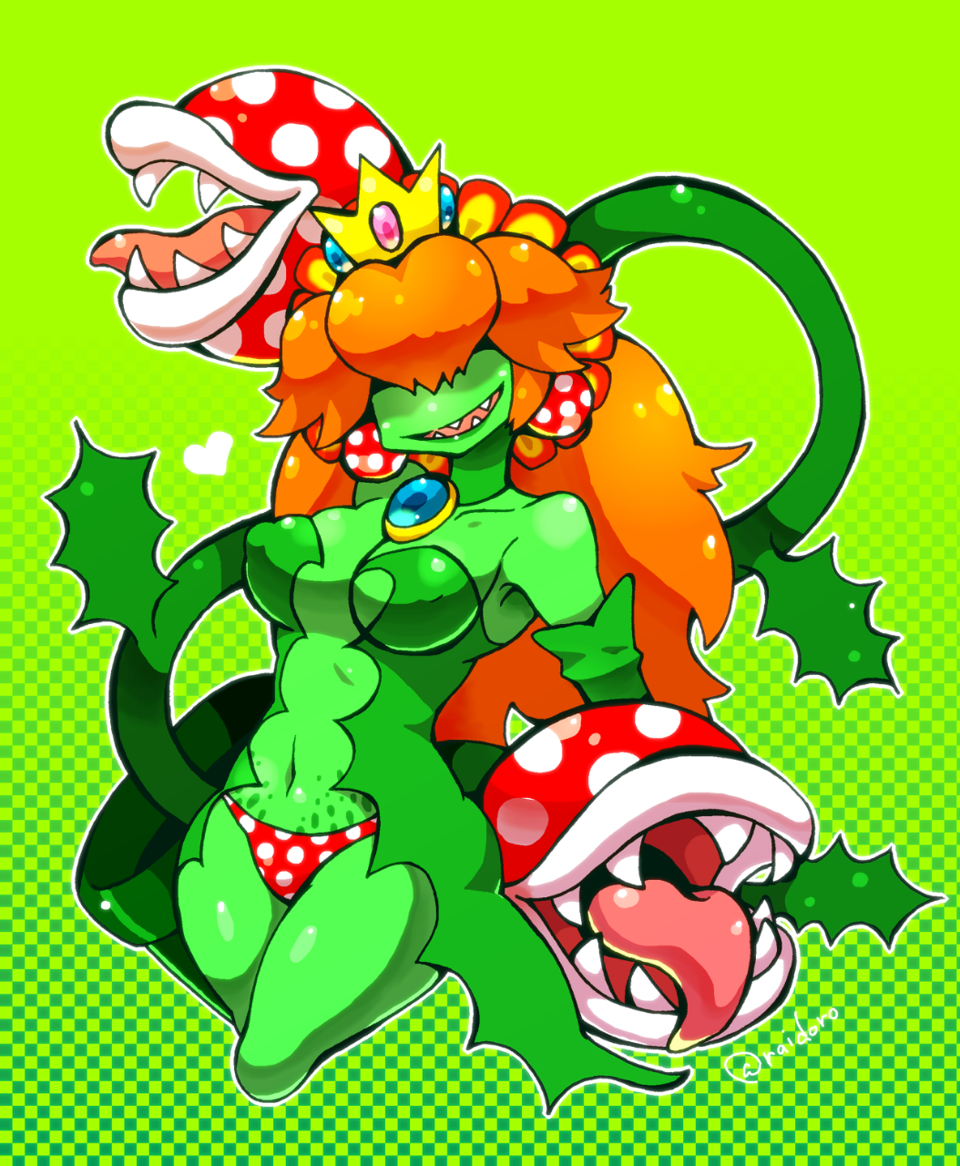 1girl :d bare_shoulders breasts brooch checkered checkered_background cropped_legs crown earrings erect_nipples genderswap genderswap_(mtf) green_background green_skin hair_over_eyes halftone halftone_background heart highres jewelry large_breasts leaf long_hair super_mario_bros. navel new_super_mario_bros._u_deluxe nintendo open_mouth orange_hair outline panties petey_piranha piranha_plant plant plant_girl polka_dot polka_dot_panties raindrop_(raidoro) red_panties sharp_teeth smile solo super_mario_bros. teeth twitter_username underwear vines white_outline