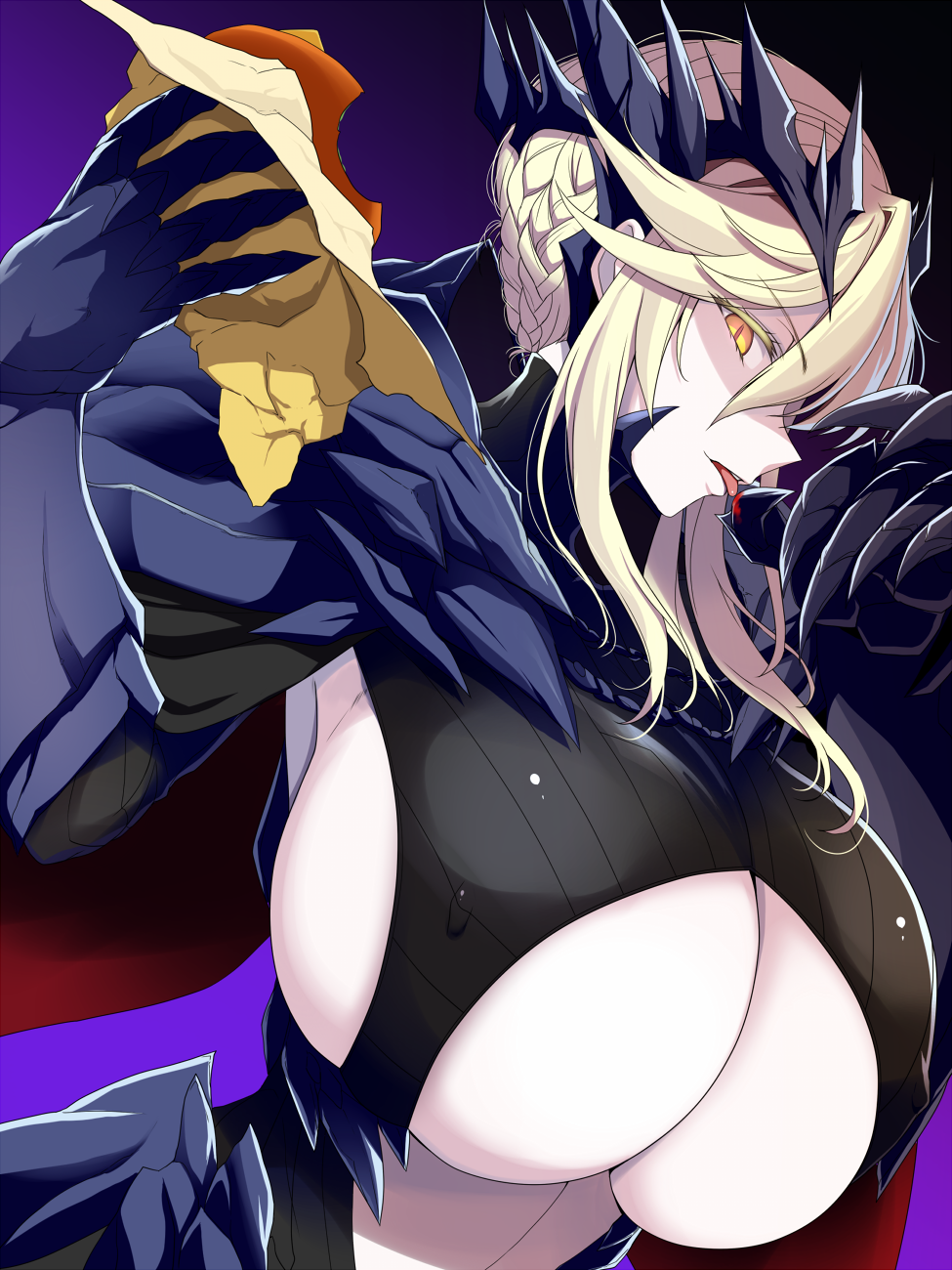 1girl artoria_pendragon_(all) artoria_pendragon_(lancer_alter) black_background blonde_hair breasts close-up eating erect_nipples fate/grand_order fate_(series) food gradient gradient_background hair_between_eyes hamburger highres holding holding_food huge_breasts kloah looking_at_viewer open_mouth pale_skin purple_background shiny shiny_clothes shiny_hair shiny_skin sidelocks slit_pupils solo tongue tongue_out under_boob underboob_cutout yellow_eyes