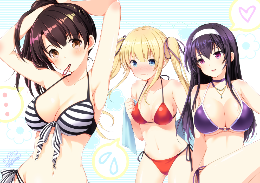 ... 3girls arms_up azuma_yuki bangs bare_arms bare_shoulders bikini blonde_hair blue_eyes blush breasts brown_eyes brown_hair bunching_hair choker closed_mouth collarbone eyebrows_visible_through_hair front-tie_bikini front-tie_top hair_between_eyes hair_ribbon hair_tie hair_tie_in_mouth hairband head_tilt heart kasumigaoka_utaha katou_megumi long_hair medium_breasts mouth_hold multiple_girls nose_blush o-ring o-ring_bikini o-ring_top parted_lips purple_background purple_choker purple_hair purple_ribbon red_bikini ribbon saenai_heroine_no_sodatekata sawamura_spencer_eriri spoken_ellipsis spoken_flying_sweatdrops spoken_heart striped striped_bikini swimsuit twintails very_long_hair violet_eyes white_hairband