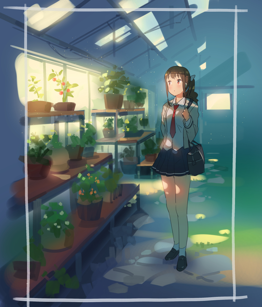 1girl bag blush brown_hair ddal long_hair necktie original plant ponytail red_eyes revision school_bag school_uniform skirt solo tomato