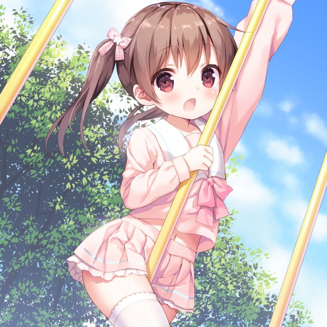 1girl arm_up bangs blue_sky blush bow brown_hair chitosezaka_suzu climbing clouds collarbone commentary_request day dutch_angle eyebrows_visible_through_hair hair_between_eyes hair_bow long_hair long_sleeves looking_at_viewer open_mouth original outdoors pink_bow pink_serafuku pink_shirt pink_skirt pleated_skirt pole red_eyes sailor_collar school_uniform serafuku shirt sidelocks skirt sky solo thigh-highs twintails white_legwear white_sailor_collar