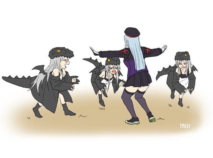 4girls alternate_costume animal_hood artist_request beret boots dual_persona g11_(girls_frontline) girls_frontline hat hk416_(girls_frontline) hood jurassic_world multiple_girls outstretched_arms parody pose style_parody tail thigh-highs wings