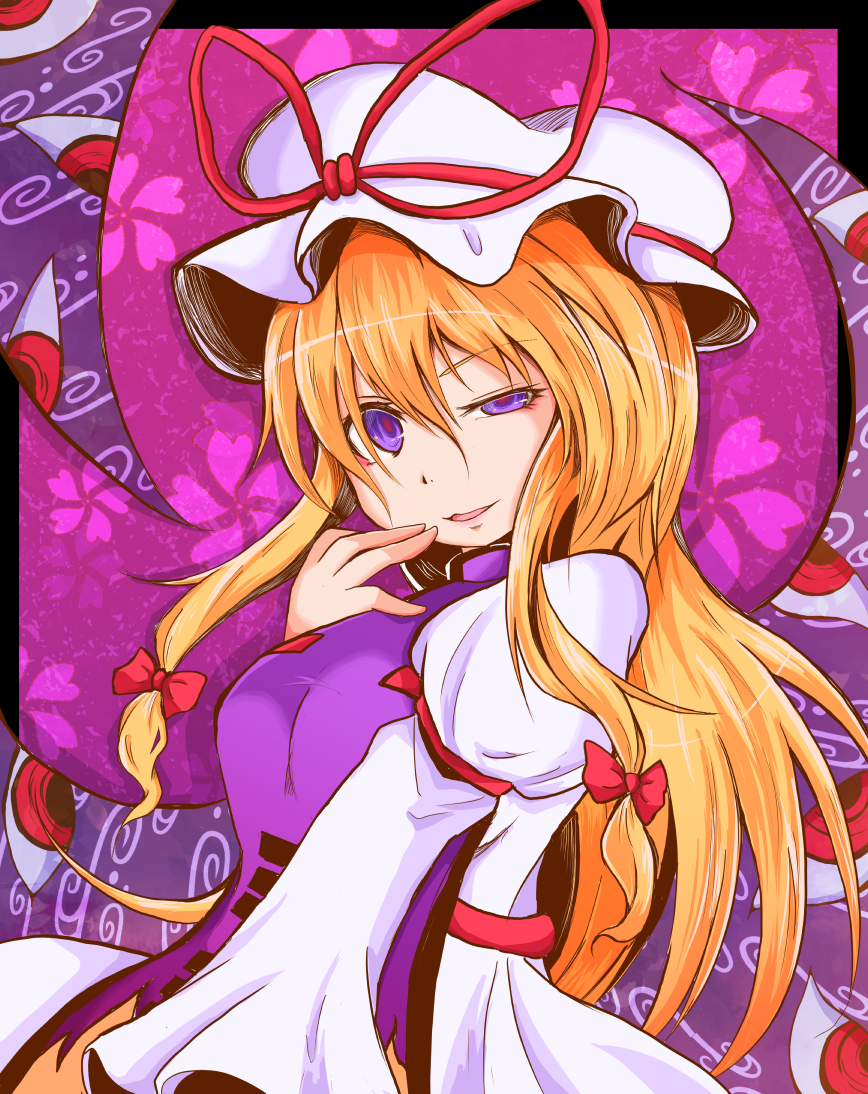 1girl black_border blonde_hair border commentary dress finger_to_mouth from_side gap hair_between_eyes hair_ribbon hat hat_ribbon long_hair long_sleeves looking_at_viewer mob_cap multicolored multicolored_background open_mouth red_ribbon ribbon shiromamekei smile solo tabard touhou uneven_eyes upper_body violet_eyes white_dress white_hat wide_sleeves yakumo_yukari
