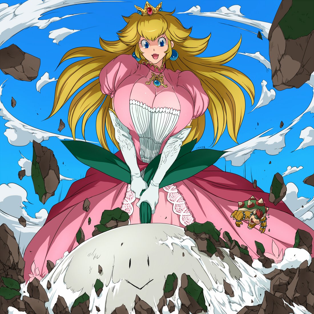 1girl blonde_hair blush bowser breasts crown dress earrings elbow_gloves gloves ground ground_shatter hataraki_ari huge_breasts jewelry super_mario_bros. nintendo open_mouth princess_peach sky spikes super_mario_bros. tiara turtle