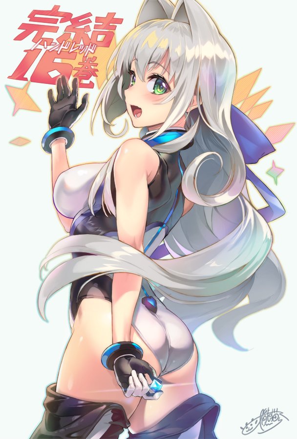 1girl ass bare_shoulders black_gloves black_legwear breasts commentary_request emilia_hermit from_behind gloves green_eyes hair_intakes hundred large_breasts leotard long_hair looking_at_viewer looking_back official_art ookuma_(nitroplus) open_mouth shiny shiny_hair shiny_skin silver_hair smile solo standing thigh-highs