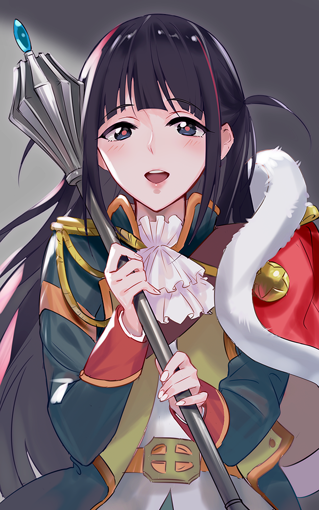 1girl bangs black_eyes black_hair blunt_bangs cravat epaulettes fur_trim gradient gradient_background grey_background jacket_on_shoulders mace nwxmoose shoujo_kageki_revue_starlight solo tsuyuzaki_mahiru two_side_up weapon