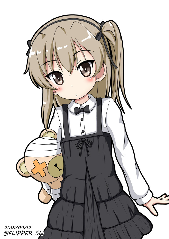 1girl black_bow black_dress black_hairband black_neckwear boko_(girls_und_panzer) bow bowtie closed_mouth collared_shirt dated dress dress_shirt flipper girls_und_panzer hair_bow hairband hloox leaning_to_the_side light_brown_hair long_hair long_sleeves object_hug one_side_up pleated_dress shimada_arisu shirt simple_background sleeveless sleeveless_dress solo stuffed_animal stuffed_toy teddy_bear twitter_username white_background white_shirt