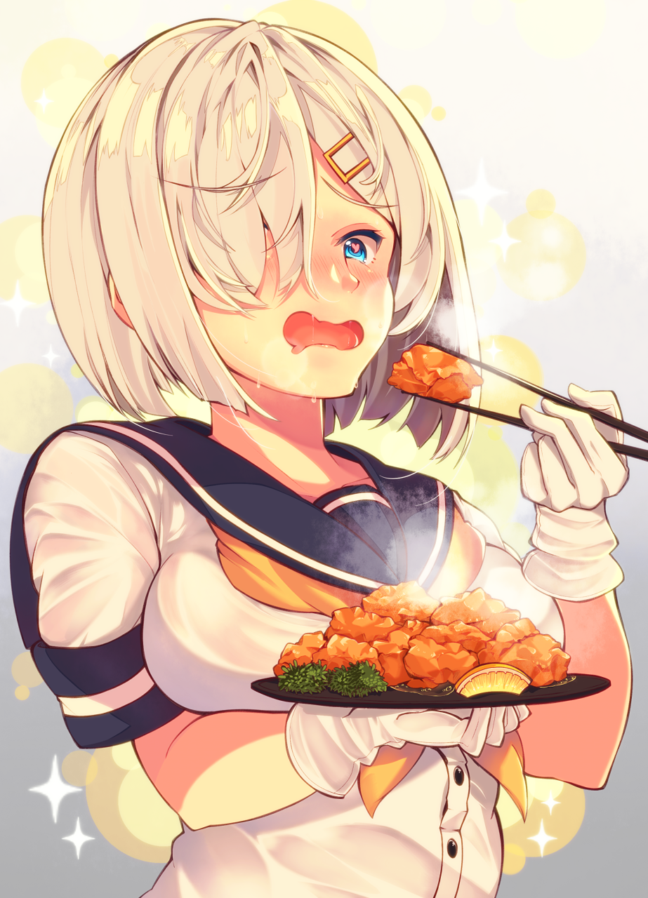 1girl blue_eyes blue_sailor_collar blush breasts chopsticks commentary_request drooling eyebrows_visible_through_hair food food_request fruit gloves gradient gradient_background hair_ornament hair_over_one_eye hairclip hamakaze_(kantai_collection) highres holding holding_chopsticks holding_plate kantai_collection lemon lemon_slice medium_breasts mizuyoukan_(mikususannda) neckerchief nose_blush open_mouth plate sailor_collar school_uniform serafuku shiny shiny_hair short_hair short_sleeves solo sparkle steam sweat white_gloves white_hair yellow_neckwear