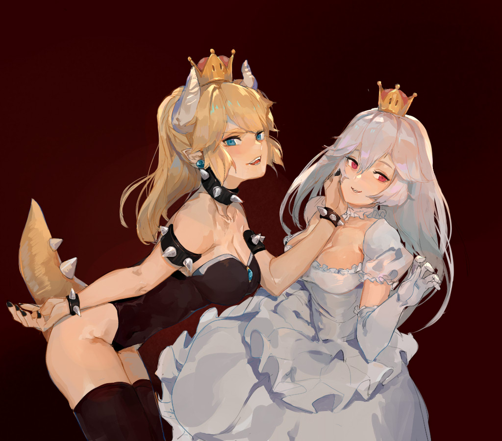 2girls bangs bare_shoulders black_legwear black_leotard blonde_hair blue_eyes bowsette bracelet breasts claw_pose cleavage collar collarbone commentary_request covered_navel detached_collar dress earrings eyebrows_visible_through_hair frilled_collar frilled_dress frilled_gloves frilled_sleeves frills gloves hair_between_eyes hands_on_another's_face heart highleg highleg_leotard horns jewelry large_breasts leotard long_hair long_ponytail looking_at_viewer luigi's_mansion super_mario_bros. multiple_girls nail_polish new_super_mario_bros._u_deluxe nintendo pointy_ears princess_king_boo puffy_short_sleeves puffy_sleeves red_eyes sharp_teeth short_sleeves smile solo_focus spiked_armlet spiked_bracelet spiked_collar spiked_tail spikes spoken_heart super_crown symbol_in_eye tanans123 teeth thigh-highs tongue tongue_out very_long_hair wavy_hair white_dress white_gloves white_hair