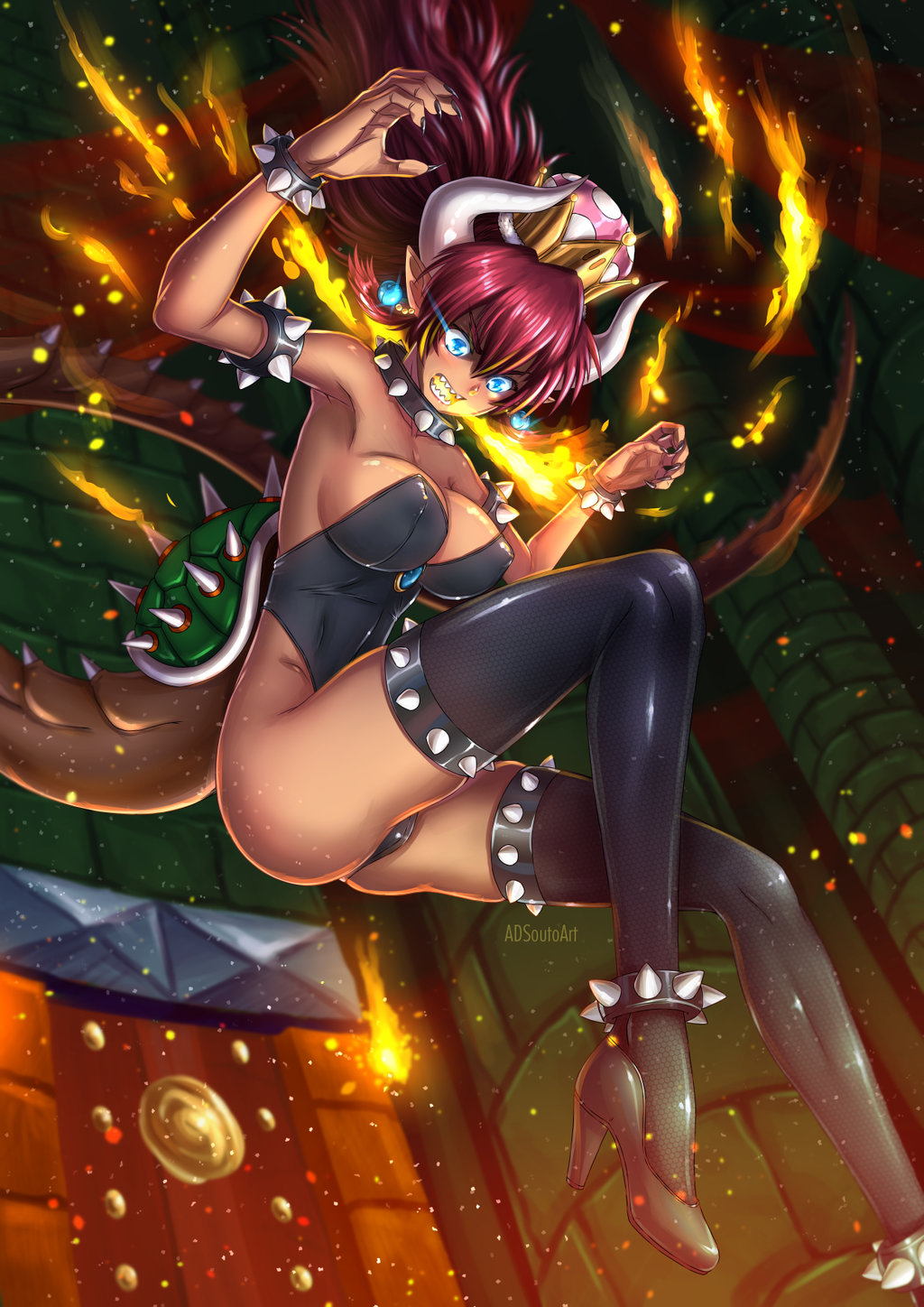 1girl adsouto bare_shoulders blue_eyes bowser bowsette bracelet breasts collar crown dark_skin genderswap genderswap_(mtf) highres horns jewelry large_breasts super_mario_bros. monster_girl new_super_mario_bros._u_deluxe nintendo redhead spiked_bracelet spiked_collar spikes super_crown