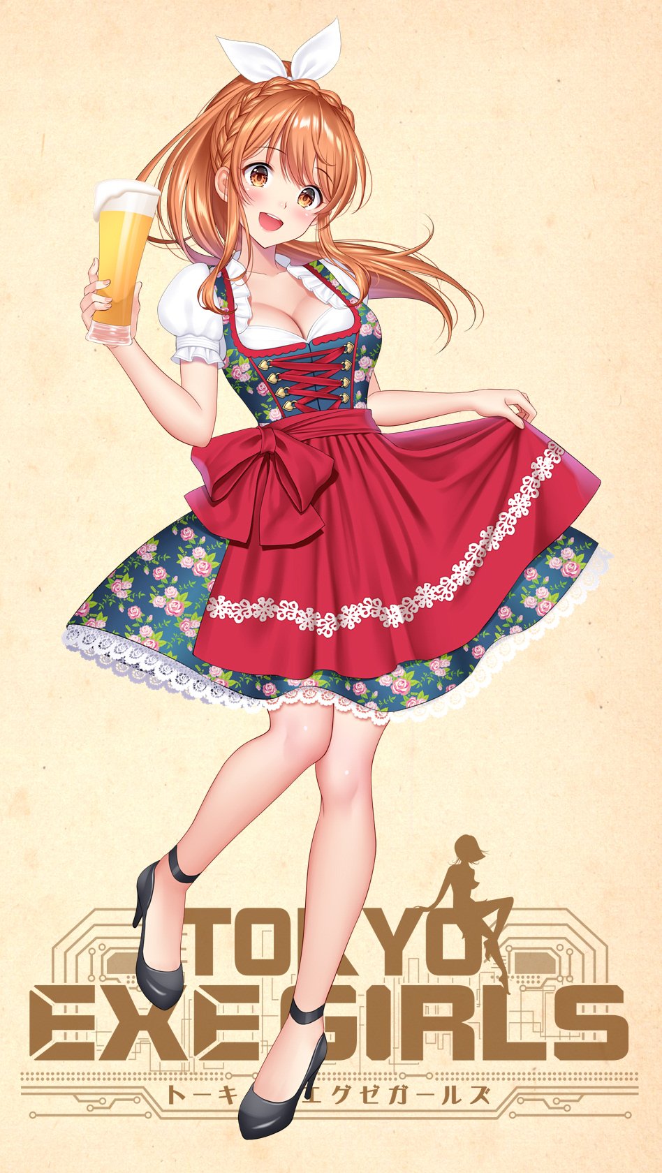 1girl alcohol apron bangs beer blush bow braid breasts collarbone commentary_request crown_braid cup dress drinking_glass eyebrows_visible_through_hair fingernails floral_print full_body hair_bow high_heels highres holding logo long_hair looking_at_viewer medium_breasts official_art orange_hair ponytail puffy_short_sleeves puffy_sleeves shimashima08123 shiny shiny_skin short_dress short_sleeves sidelocks simple_background solo standing tokyo_exe_girls waist_apron