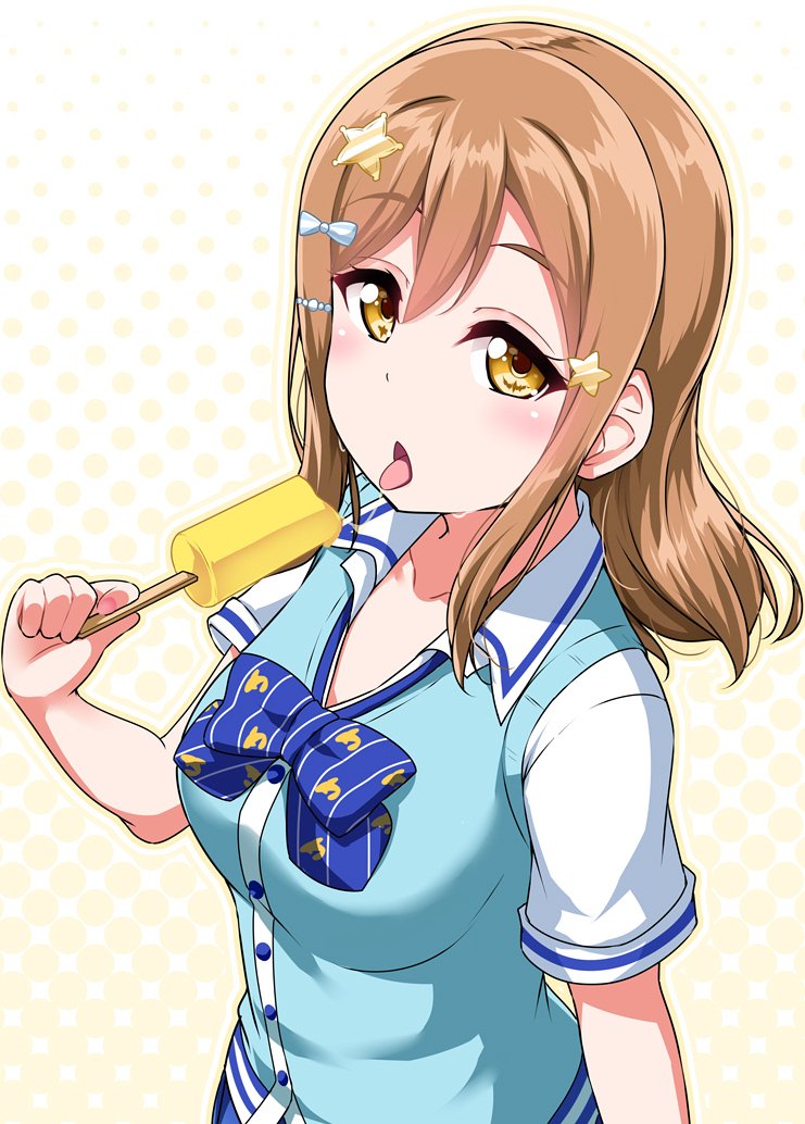 1girl blue_neckwear blush bow bowtie brown_hair collared_shirt commentary_request food hair_ornament hairclip half-closed_eyes halftone halftone_background holding holding_food kunikida_hanamaru long_hair looking_at_viewer love_live! love_live!_sunshine!! open_collar popsicle saliva saliva_trail shirt short_sleeves solo star star_hair_ornament striped_neckwear sweat sweater_vest tongue tongue_out upper_body yellow_eyes yopparai_oni