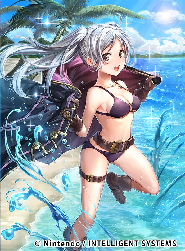 1girl beach belt bikini boots breasts brown_eyes brown_footwear chachie cleavage clouds cloudy_sky collarbone commentary_request company_connection copyright_name day female_my_unit_(fire_emblem:_kakusei) fire_emblem fire_emblem:_kakusei fire_emblem_cipher gloves jewelry leg_up light_particles long_hair looking_at_viewer medium_breasts my_unit_(fire_emblem:_kakusei) navel necklace nintendo o-ring o-ring_bikini o-ring_top ocean outdoors palm_leaf palm_tree purple_bikini shiny silver_hair sky smile solo sunlight swimsuit thigh_strap tree twintails water